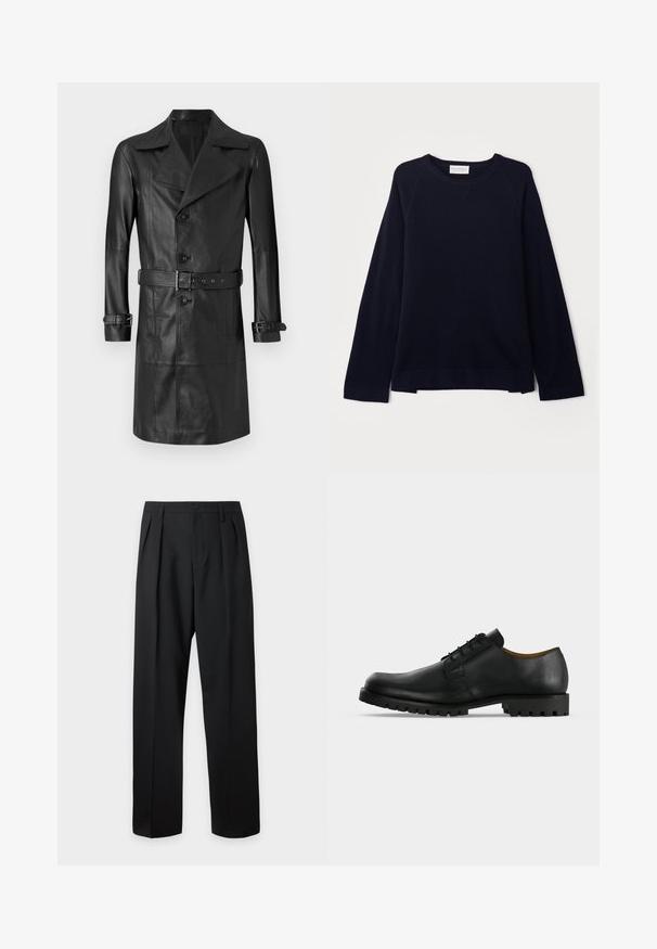 Sort læder trenchcoat med dobbeltknaplukning, stort krave, bælte i taljen og manchetremme. Glat tekstur, knælang design.; OFFICINE GENERALE NATE CNECK - Striktrøje - black; Sorte skræddersyede bukser med høj talje, bæltestropper, frontfolder, knaplukning og lige vide ben på en lys baggrund.; Sort lædersko med snørebånd, tyk rillede sål og lav hæl vist på en hvid baggrund.