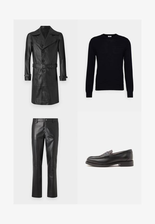 Sort læder trenchcoat med dobbeltknaplukning, stort krave, bælte i taljen og manchetremme. Glat tekstur, knælang design.; Sort langærmet sweater lavet af blødt strikket materiale. Rund halsudskæring, ribbede manchetter og kant. Minimalistisk design uden synlige mønstre eller knapper.; Sorte læderbukser med en glat overflade, lige ben-design og diskrete stikninger langs sømmene. Har en knaplukning i taljen.; Sort læderloafer med lav hæl og tekstureret øverste del, vist fra siden på en ensfarvet lys baggrund.