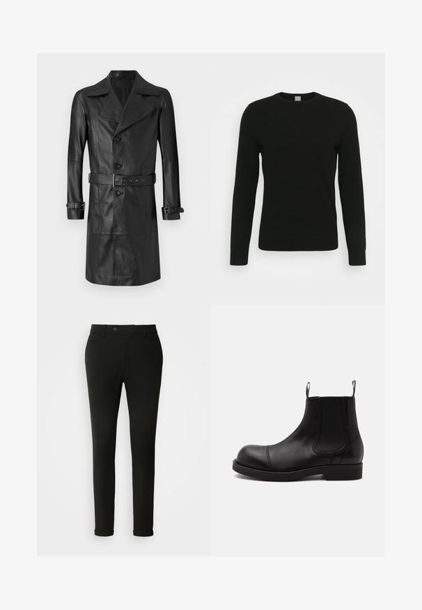 Zwarte leren trenchcoat met een dubbelzijdige voorkant, grote kraag, ceintuur in de taille en manchetten met banden. Gladde textuur, knielange design.; FTC Cashmere 008-2084 - Trui - moonless night; Zwarte op maat gemaakte broek met een slim fit, slank design en riemlussen, voorzien van een enkele achterzak en een gladde stoftextuur.; Zwarte leren Chelsea-boot met afgeronde neus, elastische zijpanelen, aantreklussen voor en achter, platte zool, van opzij getoond op witte achtergrond.