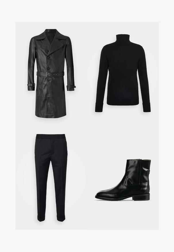 Schwarzer Leder-Trenchcoat mit doppelter Knopfleiste, großem Kragen, tailliertem Gürtel und Riegeln an den Ärmeln. Glatte Textur, knielanges Design.; FTC Cashmere ROLLNECK - Strickpullover - moonless night; Schwarze Hosen aus leichtem Stoff, mit einem elastischen Bund, seitlichen Taschen und aufgerollten Säumen. Glatte Textur mit vorderen Falten.; Schwarzer Leder-Stiefelette mit niedrigem Absatz und seitlichem Reißverschluss, dargestellt vor einem schlichten hellgrauen Hintergrund.