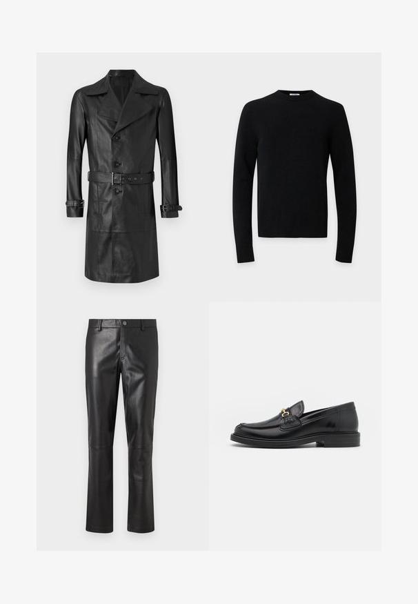 Abrigo trench de cuero negro con un frente de doble botonadura, gran cuello, cintura ceñida por un cinturón y correas en los puños. Textura suave, diseño hasta la rodilla.; Jersey negro de manga larga con cuello redondo, dobladillo y puños acanalados sobre un fondo liso de color gris claro.; Pantalones de cuero negro con una textura suave, diseño de pierna recta y costuras sutiles a lo largo de las costuras. Presenta un cierre de botón en la cintura.; Mocasines de cuero negro con punta redondeada, que cuentan con un detalle de herrajes dorados y costuras, situados sobre una suela de goma texturizada y baja.