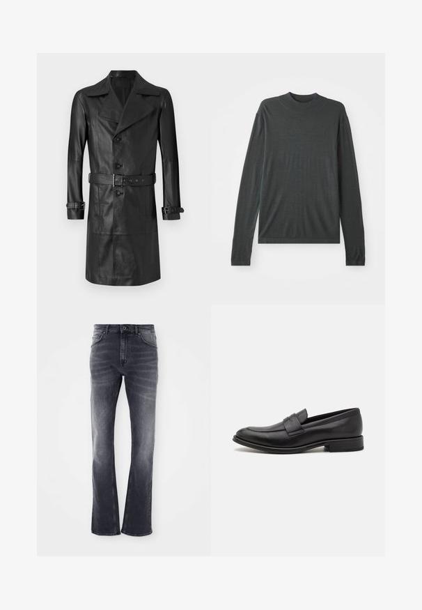 Schwarzer Leder-Trenchcoat mit doppelter Knopfleiste, großem Kragen, tailliertem Gürtel und Riegeln an den Ärmeln. Glatte Textur, knielanges Design.; Dunkelgrauer, langärmeliger Strickpullover mit einem hohen, gerippten Kragen. Weiche Textur, lockere Passform und keine sichtbaren Muster oder Hardwaredetails.; Graue Jeans aus Denim mit einem ausgestellten Bein-Design, das eine leicht ausgewaschene Optik, fünf Taschen und einen vorderen Knopfverschluss aufweist.; Schwarze Lederloafer mit glatter Oberfläche, einem dekorativen Riemen über dem Obermaterial, runder Zehenpartie und einem niedrigen, gestapelten Absatz.
