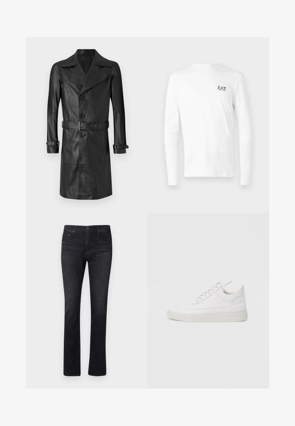 Sort læder trenchcoat med dobbeltknaplukning, stort krave, bælte i taljen og manchetremme. Glat tekstur, knælang design.; Hvid langærmet T-shirt lavet af bomuld, med et lille sort EA7-logo på venstre brystområde. Enkel design med rund halsudskæring.; Mørke denim jeans med lige ben, der har et klassisk femlomme-design og diskret syning. Stoffet har en glat overflade.; Hvid lædersneaker med rundet tå, flad sål og snørebånd foran. Har syningsdetaljer og polstret krave for komfort.