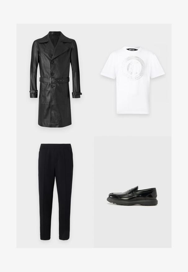 Abrigo trench de cuero negro con un frente de doble botonadura, gran cuello, cintura ceñida por un cinturón y correas en los puños. Textura suave, diseño hasta la rodilla.; Camiseta blanca de manga corta con cuello redondo, con un logo circular en relieve brillante y el texto "Just Cavalli" en la parte delantera.; Pantalones negros a medida con cintura elástica, detalle de pliegue frontal y corte recto, sobre un fondo gris claro.; Mocasín de cuero negro con un acabado brillante, punta redondeada, detalles de costura sutiles y una suela de goma gruesa para mayor durabilidad.