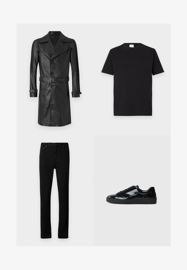 Sort læder trenchcoat med dobbeltknaplukning, stort krave, bælte i taljen og manchetremme. Glat tekstur, knælang design.; Sort bomulds T-shirt med rund hals og korte ærmer. Har et lige snit og et minimalistisk design, med et mærke synligt ved kraven.; Sorte denim jeans med lige pasform, fem-lomme design, metal hardware detaljer og en glat, uigennemsigtig tekstur.; Sorte laklæder sneakers med rund tå, snørredesign, tekstureret gummisål og en glat overflade.