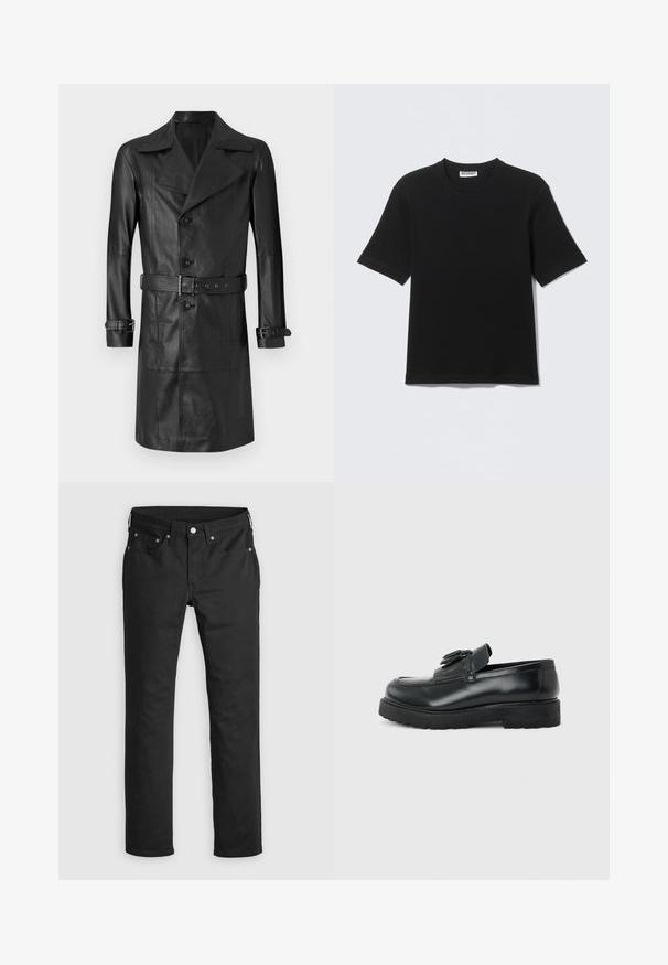Sort læder trenchcoat med dobbeltknaplukning, stort krave, bælte i taljen og manchetremme. Glat tekstur, knælang design.; Sort kortærmet T-shirt med rund hals og "WEEKDAY" mærke på indersiden af kraven, vist fladt på en lys baggrund.; Sorte denimbukser med lige ben, der har lynlås i gylpen, fem lommer og metalknapdetaljer. Glat tekstur.; Sort læderloafer med kvaster, tyk gummisål og lav hæl, vist i sideprofil på en ensfarvet baggrund.
