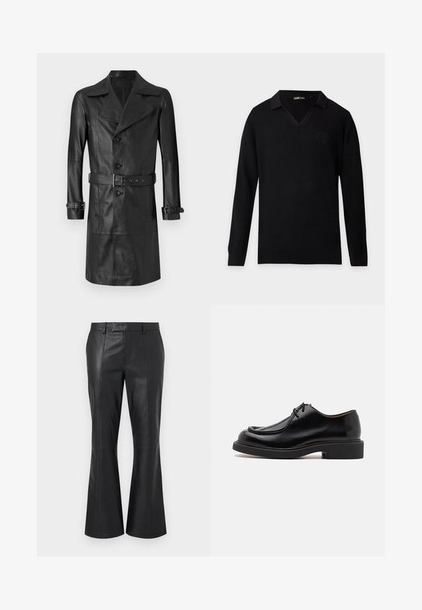 Abrigo trench de cuero negro con un frente de doble botonadura, gran cuello, cintura ceñida por un cinturón y correas en los puños. Textura suave, diseño hasta la rodilla.; Jersey negro de punto de manga larga con cuello en V y sutil patrón texturizado, con un pequeño emblema en relieve en el lado izquierdo del pecho.; Pantalones de cuero negros con cintura de corte medio, trabillas para cinturón, detalle de costura frontal y un ligero acampanado en la parte inferior de las piernas.; Zapato de cuero negro con punta redondeada, detalles de costura, cordones mínimos y suela de goma gruesa para tracción y durabilidad.