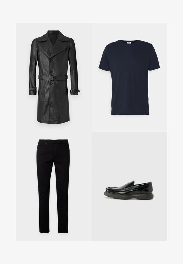 Abrigo trench de cuero negro con un frente de doble botonadura, gran cuello, cintura ceñida por un cinturón y correas en los puños. Textura suave, diseño hasta la rodilla.; Camiseta de algodón azul marino con cuello redondo y mangas cortas, de textura suave y diseño simple, sin patrones ni acentos visibles.; Vaqueros negros de corte ajustado con cierre de botón y cremallera, bolsillos frontales y traseros, mostrados sobre un fondo liso y claro.; Mocasín de cuero negro con un acabado brillante, punta redondeada, detalles de costura sutiles y una suela de goma gruesa para mayor durabilidad.