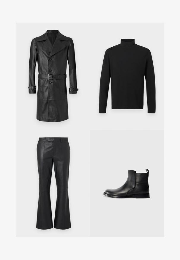 Sort læder trenchcoat med dobbeltknaplukning, stort krave, bælte i taljen og manchetremme. Glat tekstur, knælang design.; Sort turtleneck skjorte lavet af glat stof. Har lange ærmer og en høj krave. Enkel design uden yderligere mønstre eller accenter.; Sorte læderbukser med en mellemhøj talje, bæltestropper, detaljerede syninger foran og en subtil flare nederst ved benene.; Sort læder ankelstøvle med rund tå, elastiske sidepaneler og en tekstureret bagside. Har en flad gummisål og strop til at trække i.