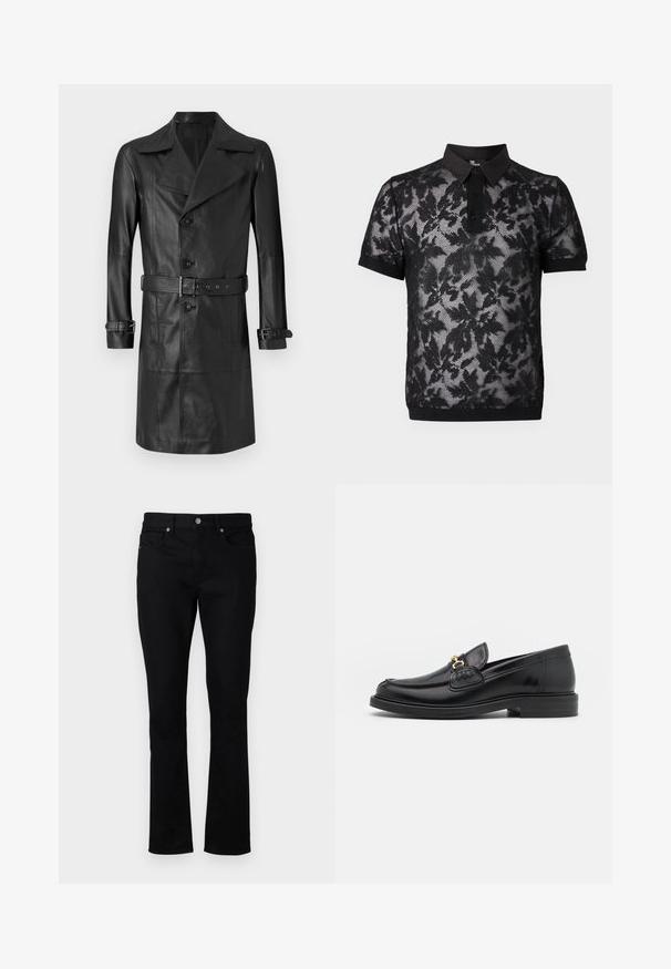 Sort læder trenchcoat med dobbeltknaplukning, stort krave, bælte i taljen og manchetremme. Glat tekstur, knælang design.; The Kooples PULL - Poloshirts - black; Sorte denim jeans med lige ben, der har en mid-rise talje, fem lommer og metalhardware detaljer. Glat tekstur.; Sorte læder loafers med en rund tå, der har guld hardware accent og syningsdetaljer, placeret på en lav, tekstureret gummisål.