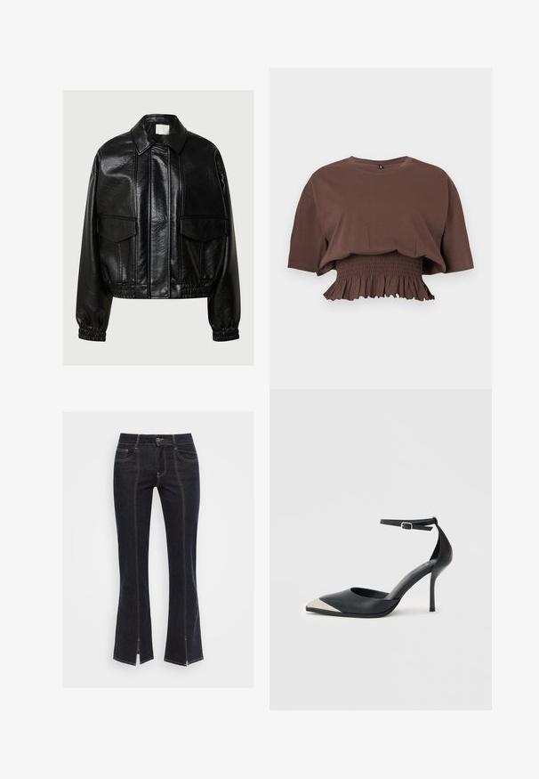 Sort kunstlæderjakke med spids krave, frontlommer med flap, elastiske manchetter og elastisk nederste kant på en grå baggrund.; Brun kortærmet crop top med rund hals og elastisk rynket talje med flæsekant.; Mørkeblå denim flared jeans med forlommer, synlig syning og slidser i bunden, prydet med et klassisk talje bånd og metalknap.; Sort højhælet sko med spids tå, sølvfarvet metallisk tåkappe og ankelrem med spænde på en hvid baggrund.