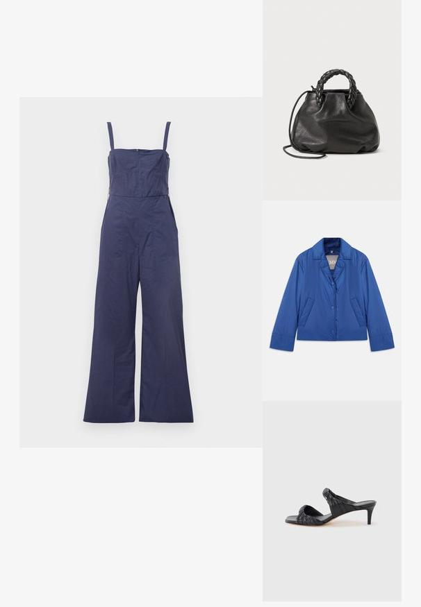 Veste rembourrée bleue avec un col, fermeture par boutons à l'avant et deux poches latérales. Elle présente une texture lisse et un design court.; Combinaison bleu marine avec bretelles fines, corsage ajusté et pantalon large. Équipée d'une fermeture éclair au dos et d'une texture de tissu lisse.; Sandales à talons noirs avec un bout carré, fabriquées en cuir lisse. Elles présentent des brides froncées et un talon fin pour plus d'élévation.; Sac à main en cuir noir avec poignées tressées, texture douce, forme ronde et une bandoulière réglable. Design simple et dépouillé.