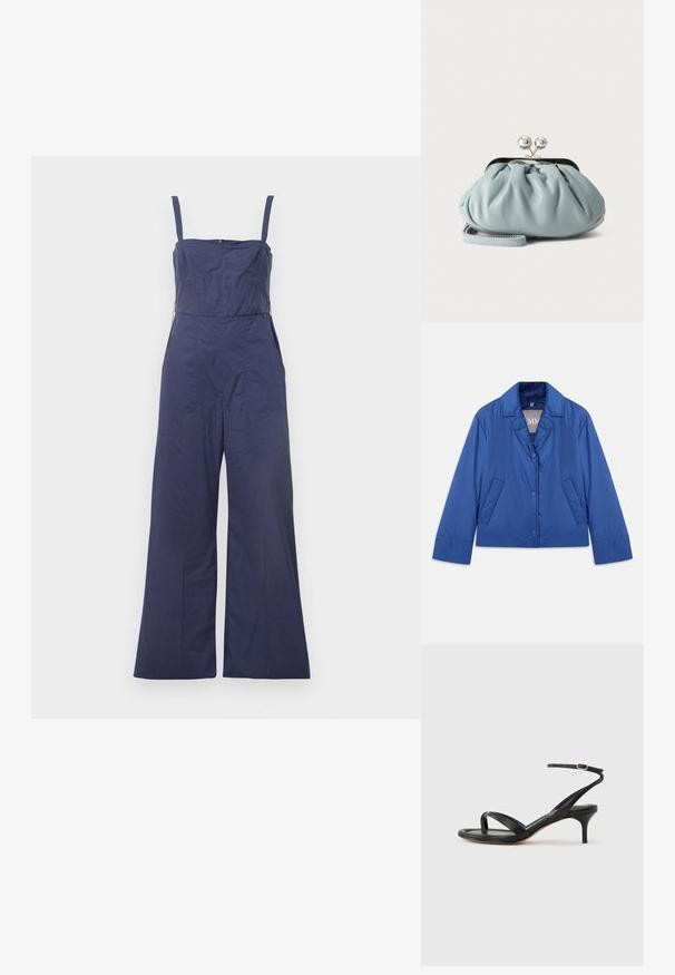 Blå polstret jakke med krave, frontlukning med knapper og to sidelommer. Har en glat tekstur og et kort design.; Mørkeblå jumpsuit med tynde stropper, tætsiddende bodice og brede bukser. Har en lynlås bagpå og en glat stofstruktur.; Sort damesandal i læder med tynde remme, en tå-loop, ankelspænde og en mellemhøj stiletthæl på en neutral baggrund.; Lille lyseblå læder møntpung med sølv metal kysse-lås og kort håndledsrem på ensfarvet baggrund.