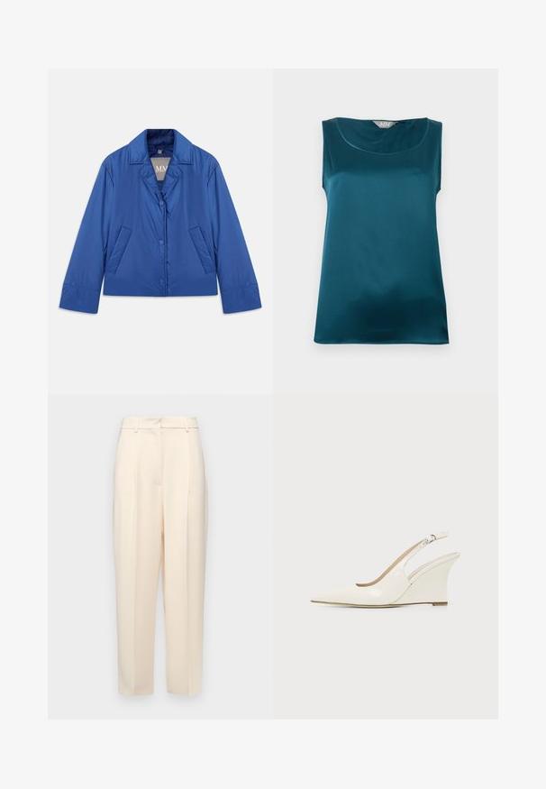 Blauwe gewatteerde jas met een kraag, sluiting met knopen aan de voorkant en twee zijzakken. Heeft een gladde textuur en een cropped ontwerp.; Mouwloze teal satijnen blouse met ronde halslijn en glad, glanzend textuur, plat gelegd op een witte achtergrond.; Beige op maat gemaakte broek met een rechte pasvorm, voorzien van plooien aan de voorkant, een gladde textuur en een middelhoge taille. Geen zichtbare zakken.; Witte lakleren slingback sleehakschoen met puntige neus en verstelbare gesp op effen achtergrond.