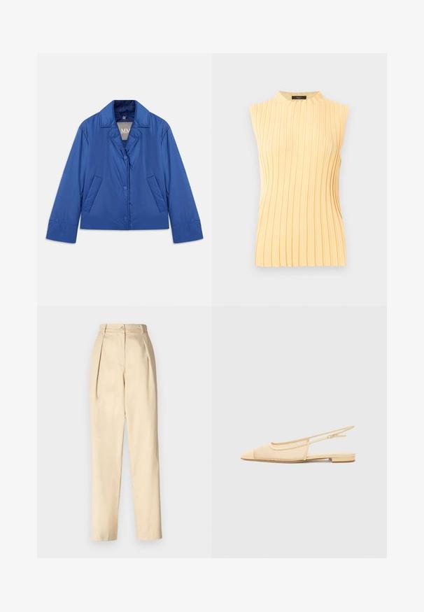Chaqueta acolchada azul con cuello tipo solapa, cierre frontal de botones y dos bolsillos laterales. Presenta una textura suave y un diseño cortado.; Top de punto sin mangas de color amarillo pálido con cuello alto redondo y rayas verticales texturizadas.; Pantalones de vestir beige con cintura alta, que presentan pliegues delanteros, un cierre de botón único y piernas entalladas. Fabricados con una tela suave.; Zapato plano tipo slingback en beige claro con parte superior de malla, punta afilada y tacón bajo. Cuenta con una correa ajustable para un mejor ajuste.