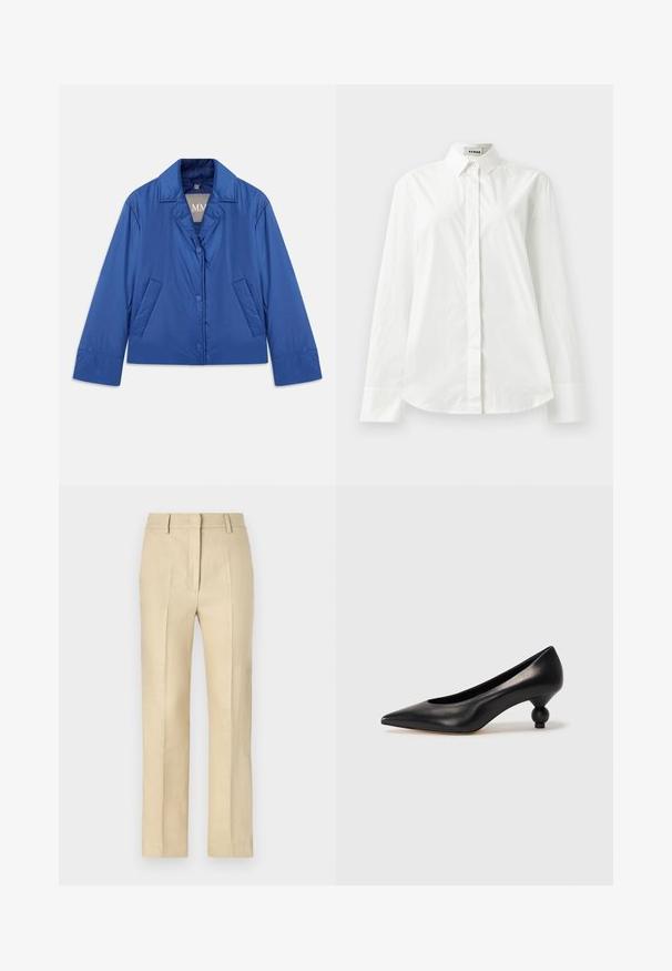 Chaqueta acolchada azul con cuello tipo solapa, cierre frontal de botones y dos bolsillos laterales. Presenta una textura suave y un diseño cortado.; Camisa de algodón blanca de manga larga con collar puntiagudo, cierre frontal de botones y dobladillo redondeado. Textura suave, corte regular y sin patrones.; Pantalones beiges ajustados con un diseño de pierna recta, elaborados en tela texturizada, con líneas de pliegue y cierre de cremallera en la parte delantera.; Zapato de tacón alto de cuero negro con puntera afilada y un tacón redondeado y abombado. Textura suave con un diseño elegante y minimalista.