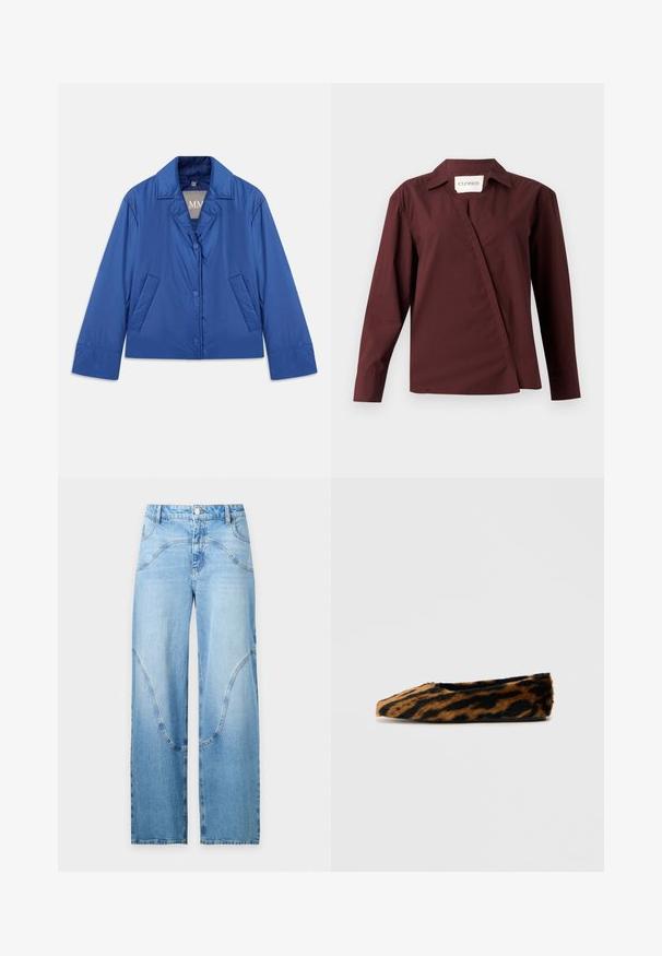 Blaue gepolsterte Jacke mit Kragen, vorderem Knopfverschluss und zwei Seitentaschen. Sie hat eine glatte Textur und ein cropped Design.; CLOSED ASYMMETRIC SHIRT - Hemdbluse - dark raisin red; Hellblaue Straight-Leg-Jeans mit einzigartigen, geschwungenen Nahtdetails vorne und klassischem Fünf-Taschen-Design.; Ballerinas aus Kunstfell mit einem braun-schwarzen Streifenmuster, abgerundetem Zeh und flacher Sohle. Weicher Stoff und schlankes Design.