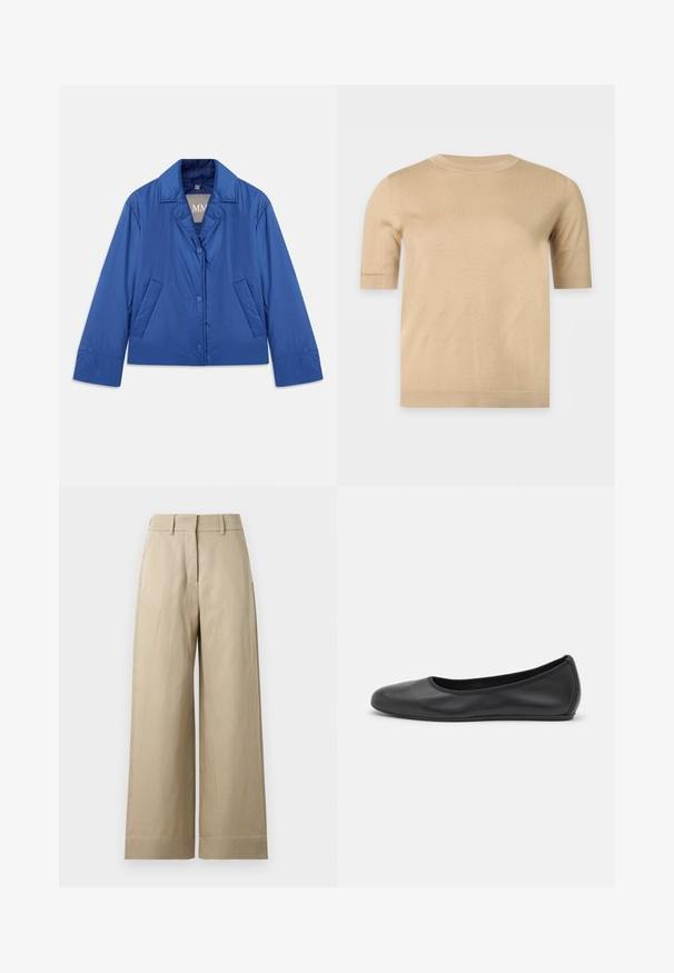 Blå polstret jakke med krave, frontlukning med knapper og to sidelommer. Har en glat tekstur og et kort design.; Beige striktrøje med korte ærmer, rund halsudskæring og lige kant, vist på en ensfarvet lys baggrund.; Beige vidde bukser med bæltestropper, forlommer og en skjult frontlynlås med hægteklemme.; Sort læderballetsko med rund tå, glat tekstur, minimal syning og et fleksibelt såldesign.
