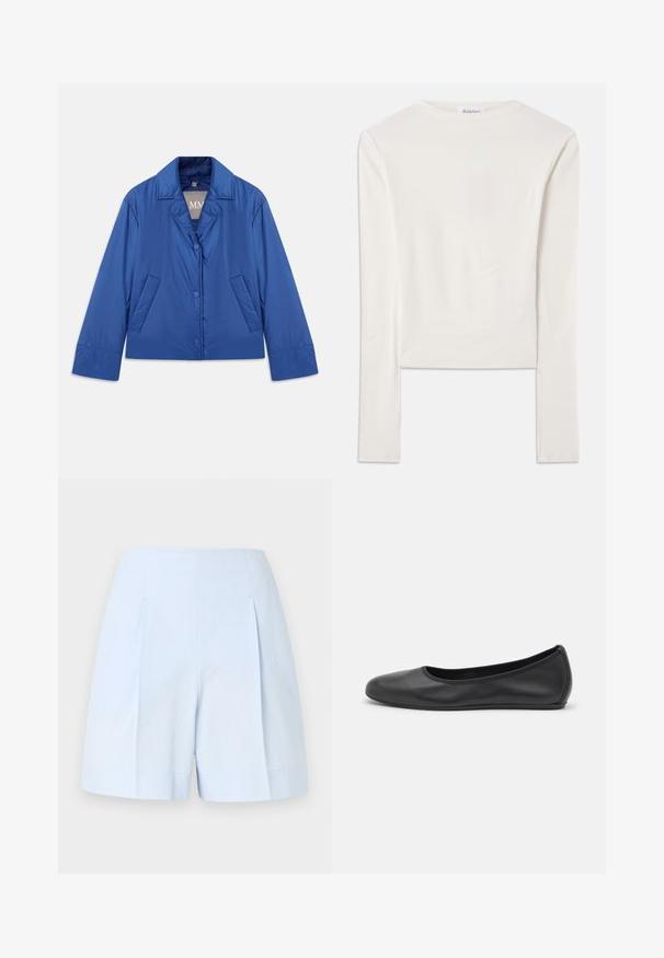 Blauwe gewatteerde jas met een kraag, sluiting met knopen aan de voorkant en twee zijzakken. Heeft een gladde textuur en een cropped ontwerp.; Witte lange mouw top van katoen, met een eenvoudige ronde hals en een slim fit. De stof is glad met een lichte stretch.; Lichtblauwe textuurstof korte broek met hoge taille, plooien aan de voorkant en brede zomen tegen een effen achtergrond.; Zwarte leren ballerina met een ronde neus, gladde textuur, minimale stikdetails en een flexibele zoolontwerp.