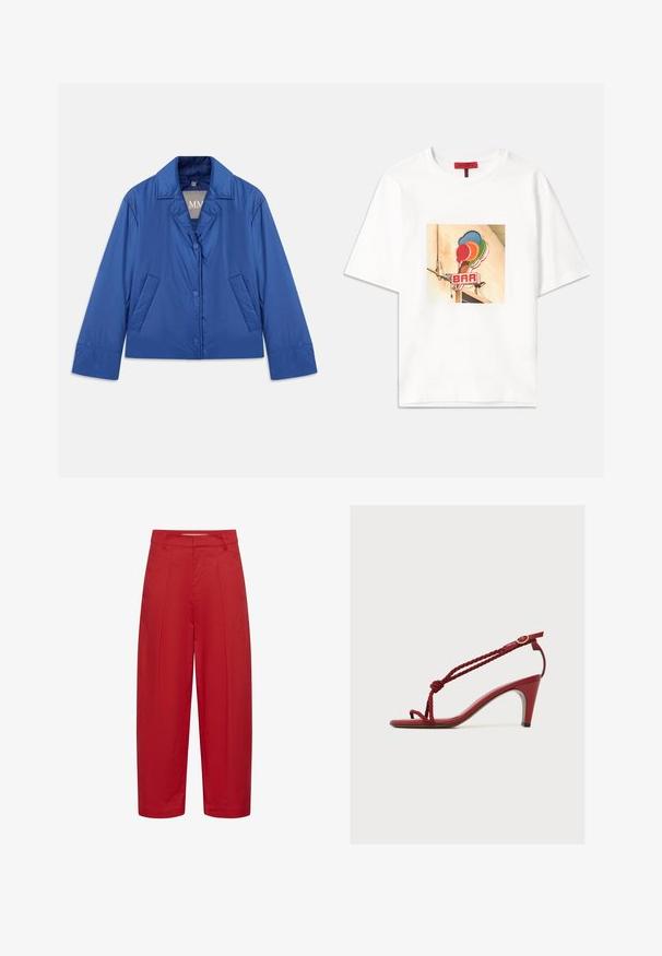 Blå polstret jakke med krave, frontlukning med knapper og to sidelommer. Har en glat tekstur og et kort design.; Hvid bomulds t-shirt med et kvadratisk grafisk design af farverige isvafler og teksten "BAR" i rødt, placeret centralt på fronten.; Røde bukser med højtaljede, vide ben, foran med plisseringer, bæltestropper og skjult frontlukning.; Rød sandal med hæl, snoede rebremme, åben tå, ankelspænde og lav blokhæl vist på en ensfarvet hvid baggrund.