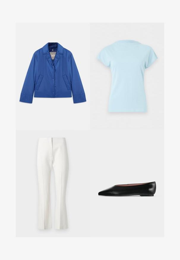 Blauwe gewatteerde jas met een kraag, sluiting met knopen aan de voorkant en twee zijzakken. Heeft een gladde textuur en een cropped ontwerp.; Lichtblauw T-shirt met korte mouwen en ronde hals, plat weergegeven zonder zichtbare logo's of patronen op een effen witte achtergrond.; Witte op maat gemaakte broeken met een uitlopende onderkant, voorzien van een vlakke voorkant, zonder zakken en een gladde stoftextuur.; Zwarte leren damesschoen met platte zool, puntige neus en lage hak, zijwaarts afgebeeld tegen een effen lichtgrijze achtergrond.