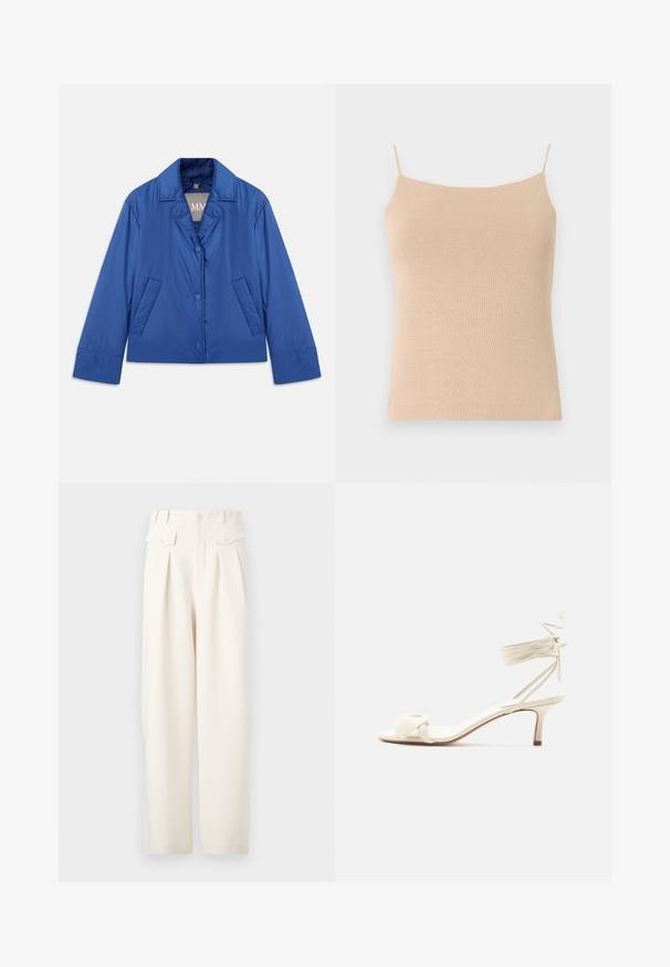Blauwe gewatteerde jas met een kraag, sluiting met knopen aan de voorkant en twee zijzakken. Heeft een gladde textuur en een cropped ontwerp.; Beige gebreide top met dunne bandjes, met een aansluitend ontwerp en textuurstof, ideaal voor het dragen in lagen of casual gebruik.; Roomy crèmekleurige broek met wijde pijpen en plooien, met een hoge taille, twee steekzakken aan de voorkant en een gladde, gestructureerde stof.; Roomkleurige sandalen met lage hak, enkelriempjes en een brede gedraaide band over de tenen, op een effen witte achtergrond.