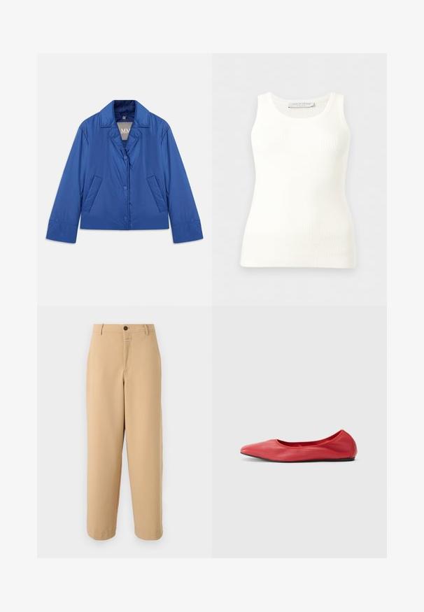 Blauwe gewatteerde jas met een kraag, sluiting met knopen aan de voorkant en twee zijzakken. Heeft een gladde textuur en een cropped ontwerp.; Witte geribbelde mouwloze tanktop met ronde hals, aansluitende pasvorm en merkembleem aan de binnenkant van de achterkant van de kraag.; CLOSED WRENNA - Broek - urban beige; Filippa K REY FLATS - Ballerina's - bright red
