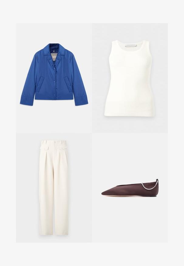 Blå polstret jakke med krave, frontlukning med knapper og to sidelommer. Har en glat tekstur og et kort design.; Hvid, ribstrikket, ærmeløs tanktop med rund halsudskæring, tætsiddende pasform og mærkeetiket på indersiden af bagkraven.; Kremfarvede bukser med vide ben og plisseringer, der har et højtaljet design, to forlommer og et glat, tekstureret stof.; Mørkebrun flad sko med spids tå, lav hæl og en sølvfarvet rhinstenkæde detalje bagpå.