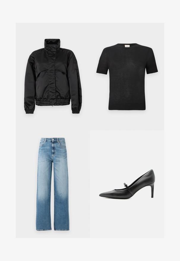 Must klaffiga jope kõrge kraega, nupud, elastsed mansetid ja kitsas äär. Sile tekstuur ja minimalistlik disain.; Must musta lühikeste varrukatega särk, mis on valmistatud kergest ja tekstuuriga kangast. Ümara kaelusega, mis on varustatud peene sooniku äärisega varrukatest ja allservast.; Heled sinine, laiad jalgadega teksad kõrge vöökoha jaotusega. Valmistatud denimist, viie taskuga ja nupukinnisega. Värv fades allapoole.; Mustast nahast terava varbaga kõrge kontsaga king, millel on peen rihm ja pandlaga üle jala pealse, seisab neutraalsel heledal taustal.