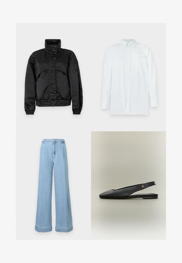 Must klaffiga jope kõrge kraega, nupud, elastsed mansetid ja kitsas äär. Sile tekstuur ja minimalistlik disain.; Hele helesinine nööbiga särk, millel on krae, pikad varrukad ja rinnaauk. Kangas näeb välja sile ning sellel on peen tekstuur; kaunistatud kollaste nööpidega.; Heledad sinine teksariie laiade jalgadega, kõrge vöökohaga, ees volditud ja tooriku äärisega, et saavutada juhuslik välimus.; Mustast nahast slingback madala kontsaga king, terava kärje ja kuldse logoga rõhutusega rihmal, esitatuna neutraalsel taustal.
