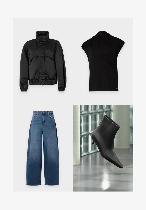 Chaqueta acolchada negra con un cuello alto, botones a presión, puños elásticos y un dobladillo entallado. Textura suave y diseño minimalista.; Top negro de cuello alto con mangas tipo farol, que presenta un diseño asimétrico y una larga corbata al cuello. Hecho de un tejido suave con un aspecto minimalista.; Jeans de pierna ancha hechos de denim azul oscuro. Con una cintura alta, cinco bolsillos y cierre con botón superior. Textura ligeramente desvaída en toda la prenda.; Bota de cuero negro para el tobillo con puntera puntiaguda y tacón pequeño, exhibida frente a una pared de bloques de vidrio y un suelo pulido.
