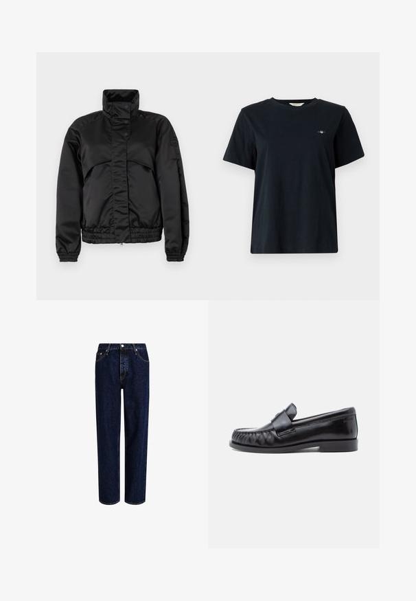 Schwarze gepolsterte Jacke mit hohem Kragen, Druckknöpfen, elastischen Bündchen und tailliertem Saum. Glatte Textur und minimalistisches Design.; Schwarzes Baumwoll-T-Shirt mit kurzen Ärmeln, Rundhals-Ausschnitt und kleinem, auf der linken Brust gesticktem Logo. Klassischer, lässiger Schnitt.; Dunkelblaue Denim-Jeans mit geradem Bein, hoher Taille, fünf Taschen und kontrastierenden Nähten. Ohne Verzierungen.; Schwarze Leder-Loafer mit abgerundetem Zehenbereich, markanter Naht und einem dekorativen Riemen über dem Vorderblatt. Glatte Oberfläche und niedriger Absatz.