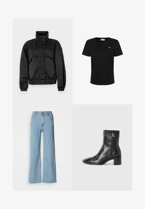 Schwarze gepolsterte Jacke mit hohem Kragen, Druckknöpfen, elastischen Bündchen und tailliertem Saum. Glatte Textur und minimalistisches Design.; Schwarzes T-Shirt mit kurzen Ärmeln und V-Ausschnitt mit kleinem weißen "cK" Logo auf der linken Brustseite und Calvin Klein Jeans Label im Kragen innen.; Hellblaue weite Jeans aus Denim, mit einer enganliegenden Taille, Fünf-Taschen-Design und dezenten Nähdetails.; Schwarze Leder-Ankle Boots mit spitzem Zehenbereich, Blockabsatz und einem Riemen mit einem metallischen Logodetail. Glatte Textur und minimales Design.
