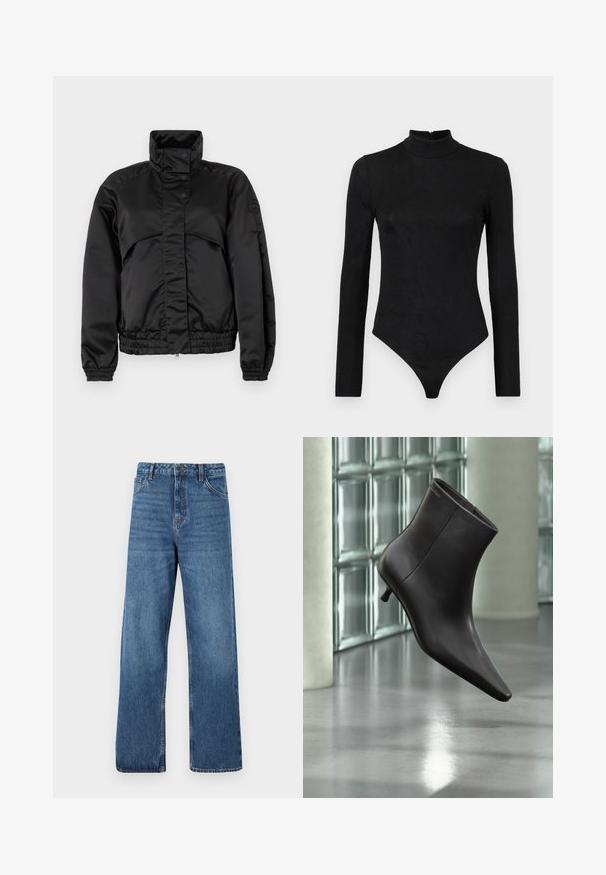 Schwarze gepolsterte Jacke mit hohem Kragen, Druckknöpfen, elastischen Bündchen und tailliertem Saum. Glatte Textur und minimalistisches Design.; Schwarzer Langarm-Bodysuit mit hohem Hals und subtiler Textur. Verfügt über einen Reißverschluss hinten und ein Tanga-Design.; Hoch taillierte blaue Denim-Jeans mit weitem Bein, ausgestattet mit einer glatten Textur, minimalen Nähdetails und klassischem Fünf-Taschen-Stil.; Schwarzer Leder-Knöchelstiefel mit spitzer Spitze und kleinem Absatz vor einer Wand aus Glasbausteinen und einem polierten Boden.