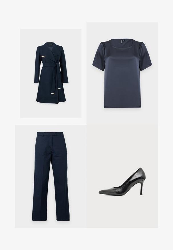 Long manteau bleu marine avec de larges revers, ceinture en tissu avec embouts métalliques et manches longues sur un fond clair uni.; Haut à manches courtes bleu marine en tissu satin lisse. Doté d'un décolleté carré et de manches bouffantes, avec une coupe droite et sans motifs apparents.; Pantalons en coton bleu marine avec une coupe droite, front plat et passants de ceinture ; présentent une texture lisse et un détail de pli pressé.; Chaussure à talon haut pour femme en cuir verni noir avec bout pointu et talon fin sur fond clair uni.