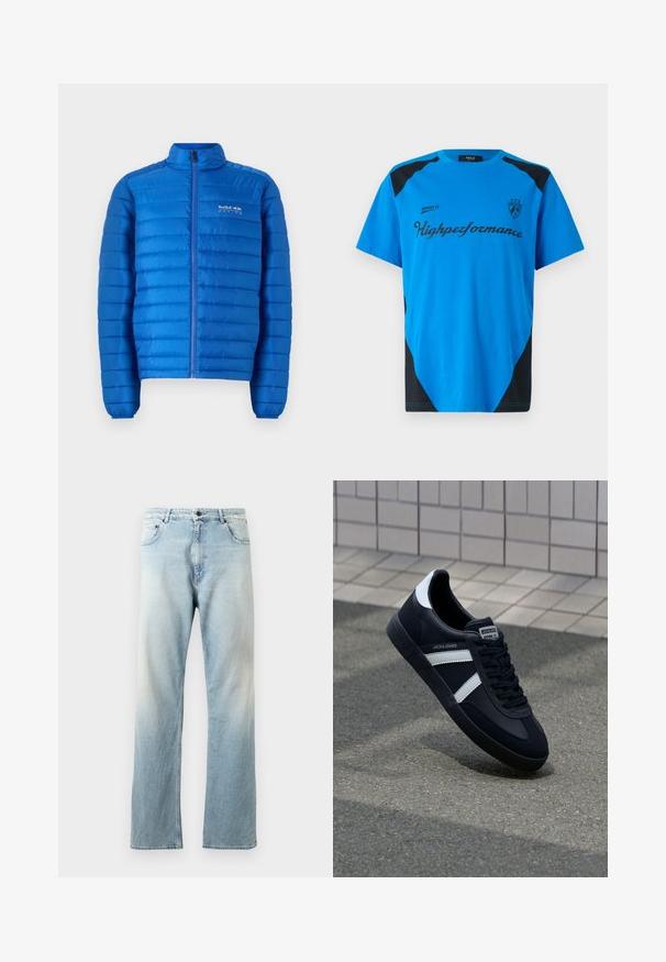 Blå, polstret jakke med horisontalt quiltet mønster, høj krave og fuldlængde lynlås. Har "Red Bull Racing" logo på brystet.; Replay SHORT SLEEVE GRAPHIC - T-shirts print - azzurro; Lysblå denimjeans med lige ben, der har en falmet tekstur, fem lommer og en knaplukning i taljen.; Sort lædersneaker med hvide striber, tekstureret gummisål og snørrebånd foran. Har et brandet mærke på tungen.