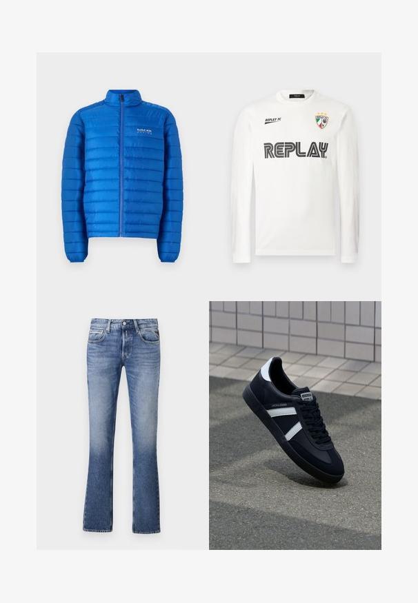 Blaue, gepolsterte Jacke mit horizontalem Steppmuster, hohem Kragen und durchgehendem Reißverschluss. Mit "Red Bull Racing"-Logo auf der Brust.; Weißes Langarmhemd mit schwarzem "REPLAY"-Schriftzug über der Brust, kleinem "REPLAY FC"-Schriftzug oben links und einem dreifarbigen Wappenemblem mit drei Sternen oben rechts.; Helle Blaujeans aus Denim mit einem ausgestellten Bein-Design, das fünf Taschen, einen Knopfverschluss vorne und dezente Verblassungen aufweist.; Schwarze Leder-Sneaker mit weißen Streifen, strukturiertem Gummisohle und Schnürung. Verfügt über ein Markenetikett auf der Zunge.