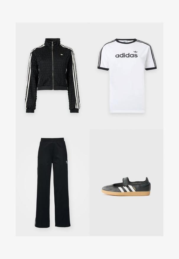 Black textured zip-up track jacket with high collar, white triple stripes on sleeves, and small white Adidas logo on the chest.; White cotton t-shirt with black accents, features a crew neck, short sleeves, three black stripes on shoulders, and "adidas" logo in black.; Black athletic pants with a relaxed fit, drawstring waist, side zip pockets, and subtle white branding on the left leg.; Black leather and suede sneaker with a Velcro strap, featuring three white stripes and a gum sole, labeled "SAMBA" on the side.