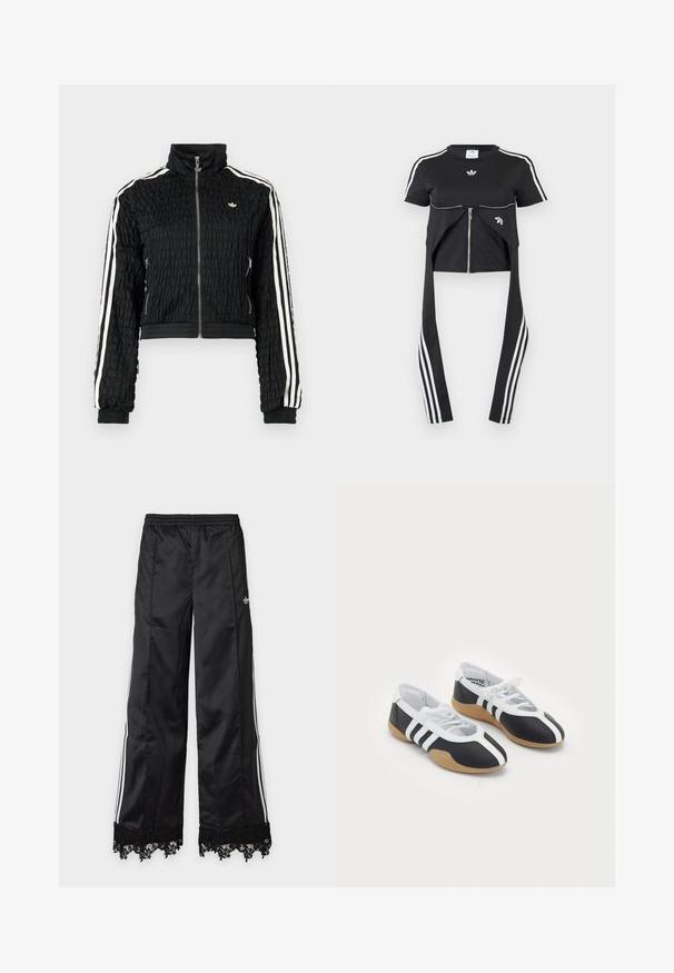 Musta teksturoitu vetoketjullinen urheilutakki, korkealla kauluksella, valkoiset kolmoisraidat hihoissa ja pieni valkoinen Adidas-logo rinnassa.; Musta lyhythihainen paita, jossa valkoiset Adidas-raidoitukset hihoissa, vetoketjutasku edessä ja pidennetyt kangaspaneelit, joissa kolme valkoista raitaa.; Mustat leveälahkeiset verkkarit, joissa valkoiset sivuraidat, joustava vyötärönauha ja musta pitsireunus helmassa vaaleaa taustaa vasten.; Musta-valkoiset urheilukengät, joissa on sulavalinjainen muotoilu, kumipohja, nauhakiinnitys ja kolme valkoista raitaa sivuilla.