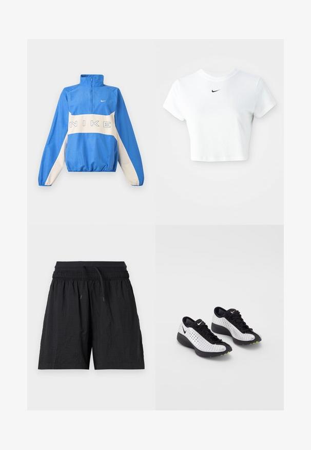 Μπλε και λευκό πουλόβερ Nike με ημιδιάφανο φερμουάρ, ελαστικά μανσέτες και τελείωμα, με το λογότυπο της Nike γραμμένο στο στήθος και μικρό σήμα Swoosh στην αριστερή πλευρά.; Λευκό κοντό μπλουζάκι από βαμβάκι, με κοντά μανίκια και στρογγυλή λαιμόκοψη, διακοσμημένο με το μαύρο λογότυπο της Nike στο στήθος.; Μαύροι αθλητικοί σορτς με υφή, με ελαστική μέση, ρυθμιζόμενο κορδόνι και πλαϊνές τσέπες, εμφανίζονται σε λευκό φόντο.; Αθλητικά παπούτσια Nike με διάτρητο λευκό επάνω μέρος, μαύρες λεπτομέρειες, στρογγυλή μύτη και χοντρή μαύρη σόλα με πράσινες πινελιές.