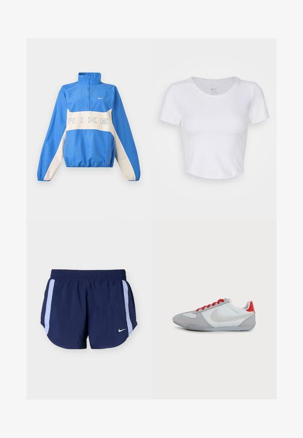 Μπλε και λευκό πουλόβερ Nike με ημιδιάφανο φερμουάρ, ελαστικά μανσέτες και τελείωμα, με το λογότυπο της Nike γραμμένο στο στήθος και μικρό σήμα Swoosh στην αριστερή πλευρά.; Λευκή, κοντομάνικη κοντή μπλούζα από λείο, συνθετικό υλικό. Διαθέτει στρογγυλή λαιμόκοψη και λογότυπο Nike μέσα στον γιακά.; Μπλε ναυτικό αθλητικό σορτς με ελαστική μέση και ανοιχτό μπλε πλαϊνές ρίγες, με μικρό λευκό λογότυπο Nike στο αριστερό πόδι.; Χαμηλού προφίλ γκρι και λευκό αθλητικό παπούτσι Nike με μεγάλο λευκό swoosh, κόκκινη ταμπέλα στη φτέρνα και κόκκινα κορδόνια σε απλό φόντο.