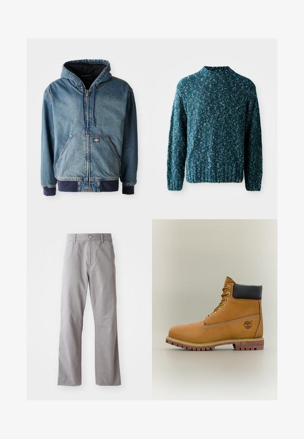 Jeansjacke mit Kapuze, mit einem Reißverschluss vorne, zwei großen Fronttaschen und gerippten Bündchen. Hellblaue Farbe mit dunklen marineblauen Akzenten.; Türkisfarbener Strickpullover mit strukturiertem Muster, hohem Kragen und geripptem Saum. Hergestellt aus einem weichen Stoff mit leicht lockerer Passform.; Graue Baumwollhosen mit geradem Bein, ausgestattet mit einem vorderen Knopfverschluss und Gürtelschlaufen. Glatte Textur und minimale Details.; Brauner Leder-Stiefelette mit schwarzem Kragen, gelben Schnürsenkeln und hellbrauner Sohle. Verfügt über ein Logo und weiße Ziernähe. Robuste Profilsohle.