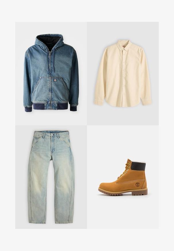 Denimjakke med hætte, med lynlås foran, to store forlommer og ribbede manchetter. Lys blå farve med mørk marineblå detaljer.; Langærmet beige skjorte med knapper og krave, lagt fladt med knapperne lukket og manchetterne knappede på en lys baggrund.; Lys blå jeans med vide ben lavet af denim. Har fem lommer, en knaplukning og falmede områder for et brugt udseende.; Brune læder ankelstøvle med metaløjer, hvid pelsforing, sort polstret krave, robust sål og præget logo på siden.