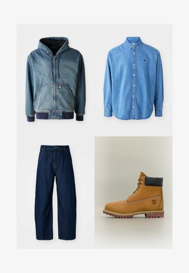 Denimjakke med hætte, med lynlås foran, to store forlommer og ribbede manchetter. Lys blå farve med mørk marineblå detaljer.; Denim button-down skjorte, lyseblå i farven, med krave, lange ærmer og et lille logo på brystet. Har hvide knapper og syninger.; Bredde ben mørk denim jeans med høj talje, som har fem lommer, knaplukning foran og synlige syninger.; Brun læderankelstøvle med sort krave, gule snørebånd og tanfarvet sål. Har logo og hvide syninger som detalje. Robust ydersål med greb.