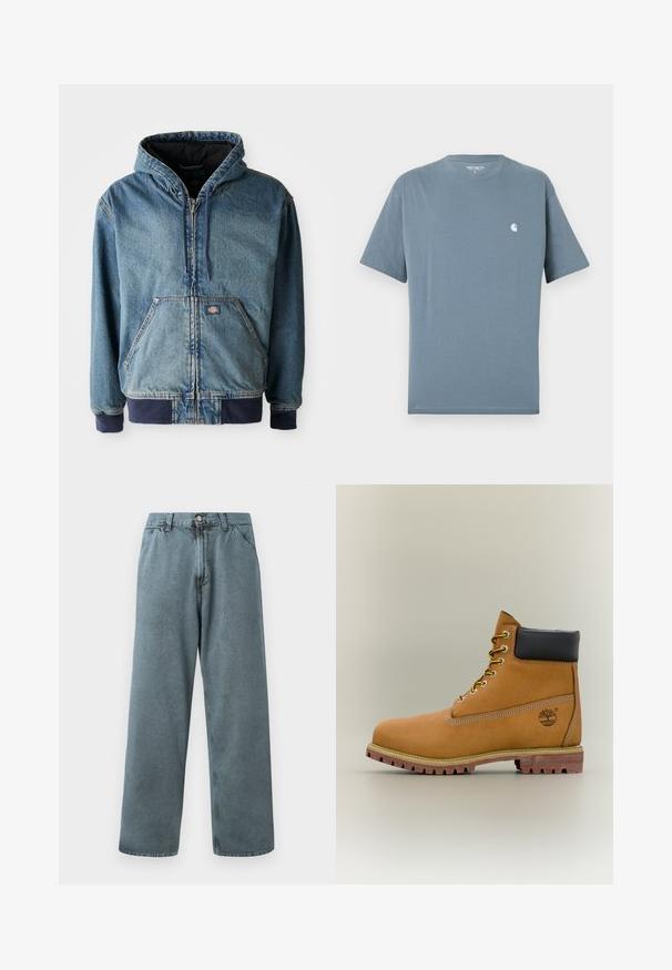 Jeansjack met een capuchon, voorzien van een ritssluiting aan de voorkant, twee grote voorzakken en geribbelde manchetten. Lichtblauwe kleur met donkerblauwe accenten.; Blauw Carhartt T-shirt met korte mouwen, ronde hals en klein wit logo op de linkerborst, maat large.; Lichtblauwe spijkerbroek met een rechte pasvorm, voorzien van een klassieke knoopsluiting en vijf zakken. Zachte textuur en minimale stikseldetails.; Bruine leren enkellaars met zwarte kraag, gele veters en een zandkleurige zool. Voorzien van een logo en witte stikseldetails. Robuuste loopzool met grip.