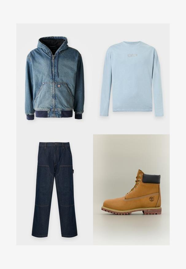 Jeansjack met een capuchon, voorzien van een ritssluiting aan de voorkant, twee grote voorzakken en geribbelde manchetten. Lichtblauwe kleur met donkerblauwe accenten.; Lichtblauw shirt met lange mouwen en ronde hals, met het CAP-logo in reliëfletters gecentreerd op de borst.; Donkerblauwe denim werkbroek met rechte pijpen, verstevigde kniestukken, zijzakken, riemlussen en een knoopsluiting aan de voorkant.; Bruine leren enkellaars met zwarte kraag, gele veters en een zandkleurige zool. Voorzien van een logo en witte stikseldetails. Robuuste loopzool met grip.