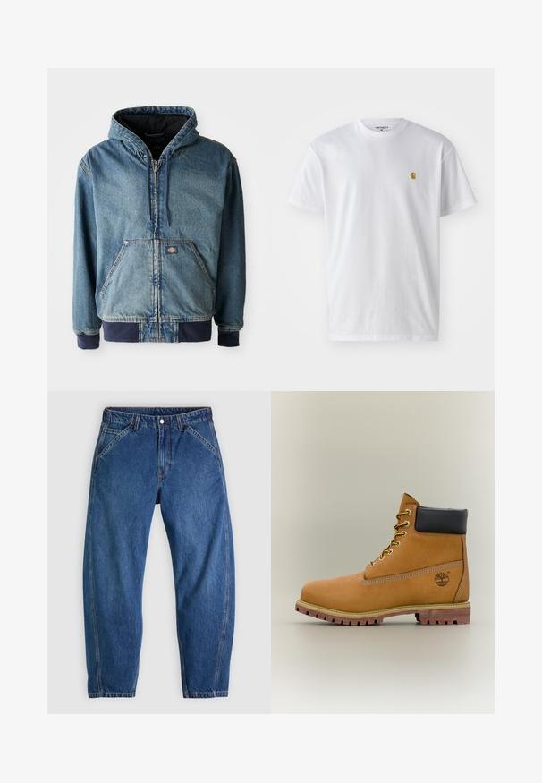 Jeansjack met een capuchon, voorzien van een ritssluiting aan de voorkant, twee grote voorzakken en geribbelde manchetten. Lichtblauwe kleur met donkerblauwe accenten.; Witte katoenen t-shirt met korte mouwen en ronde hals, voorzien van een klein gouden logo op de linkerkant van de borst. Zachte textuur en een normale pasvorm.; Blauwe spijkerbroek met een ontspannen pasvorm, voorzien van een knoopsluiting, vijf zakken en contrasterende oranje stiksels. Gladde textuur over het hele oppervlak.; Bruine leren enkellaars met zwarte kraag, gele veters en een zandkleurige zool. Voorzien van een logo en witte stikseldetails. Robuuste loopzool met grip.