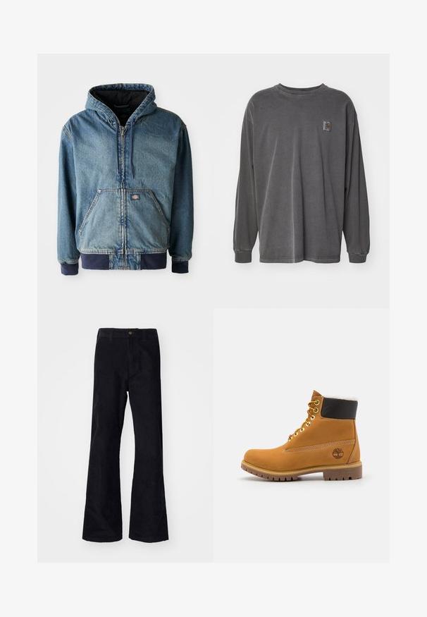 Jeansjacke mit Kapuze, mit einem Reißverschluss vorne, zwei großen Fronttaschen und gerippten Bündchen. Hellblaue Farbe mit dunklen marineblauen Akzenten.; Carhartt WIP VISTA - Langarmshirt - graphite; Schwarze, baumwollene Schlaghose mit traditionellem Bund, einem einzelnen vorderen Knopf und Taschen an den Seiten und hinten. Glatte Textur.; Braune Leder-Ankle-Boots mit Metallösen, weißem Kunstfellfutter, schwarzem gepolstertem Kragen, robustem Sohlenprofil und geprägtem Logo an der Seite.