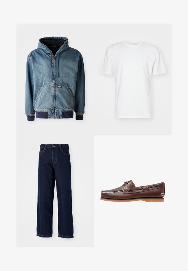 Jeansjacke mit Kapuze, mit einem Reißverschluss vorne, zwei großen Fronttaschen und gerippten Bündchen. Hellblaue Farbe mit dunklen marineblauen Akzenten.; Weißes Baumwoll-T-Shirt mit kurzen Ärmeln, Rundhalsausschnitt und glatter Textur. Einfaches Design ohne Muster oder Grafiken.; Dunkelblaue Jeans mit weitem Bein aus Denim, gerader Schnitt, Fünf-Taschen-Design und Abschlussnähten entlang des Saums.; Brauner Leder-Bootsschuh mit weißen Nähten, Schnürdetails und hellbrauner Gummisohle, seitlich auf weißem Hintergrund gezeigt.