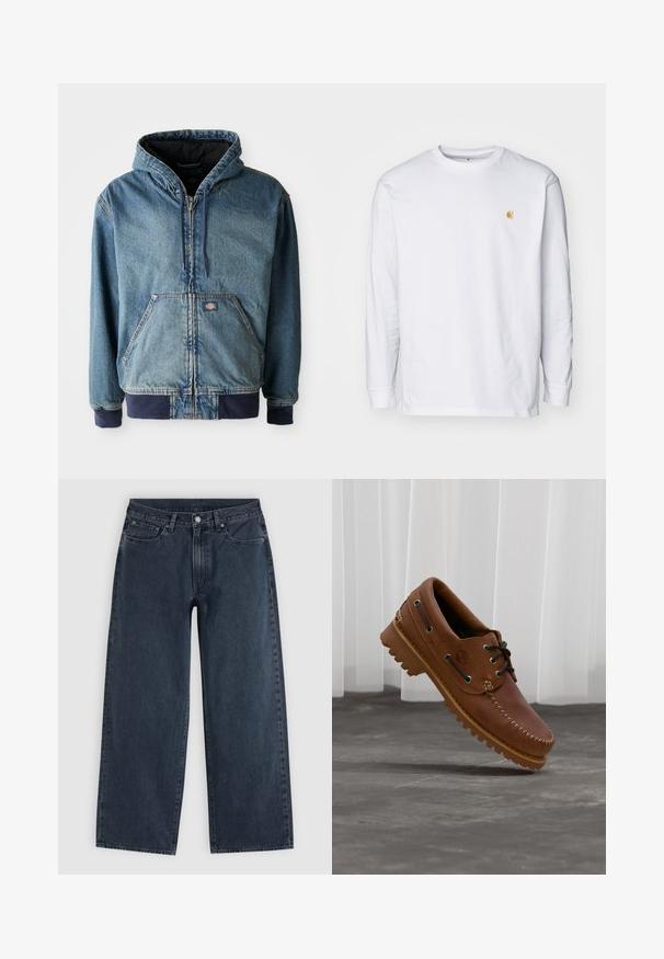 Jeansjacke mit Kapuze, mit einem Reißverschluss vorne, zwei großen Fronttaschen und gerippten Bündchen. Hellblaue Farbe mit dunklen marineblauen Akzenten.; Weißes Langarm-T-Shirt aus Baumwolle. Mit kleinem goldenem Logo auf der Brust und Rundhalsausschnitt. Einfaches Design und normale Passform.; Dunkelblaue Jeans mit weitem Bein, fünf Taschen, Gürtelschlaufen, Knopfverschluss und Reißverschluss, flach auf hellem Hintergrund liegend.; Brauner Leder-Bootsschuh mit schwarzen Schnürsenkeln, beigen Nähten und einer robusten Sohle, schwebt über einem grauen Betonboden.
